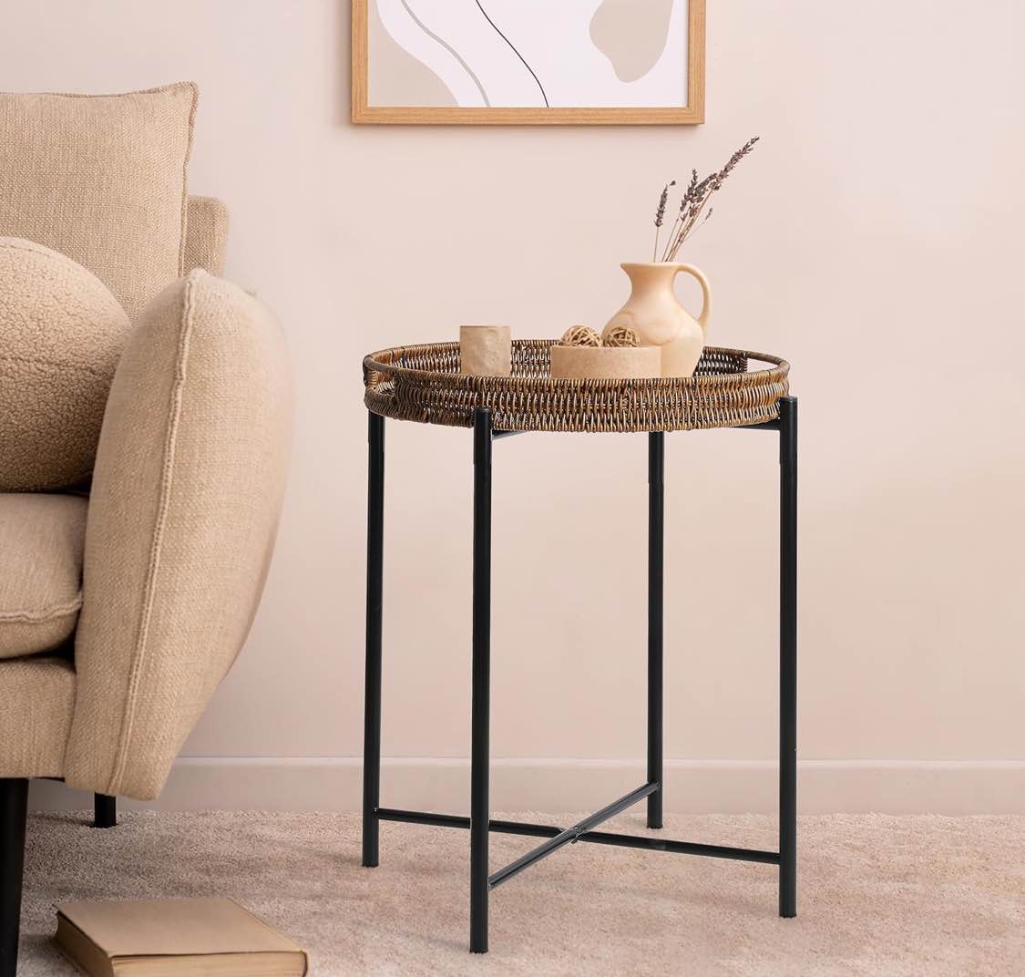 Small Wicker Round End Table, 16.5 in Rattan End Tables with Removable Tray, Waterproof Sofa Coffee Side Table, Indoor Outdoor Side Tables for Patio, Living Room Bedroom Office