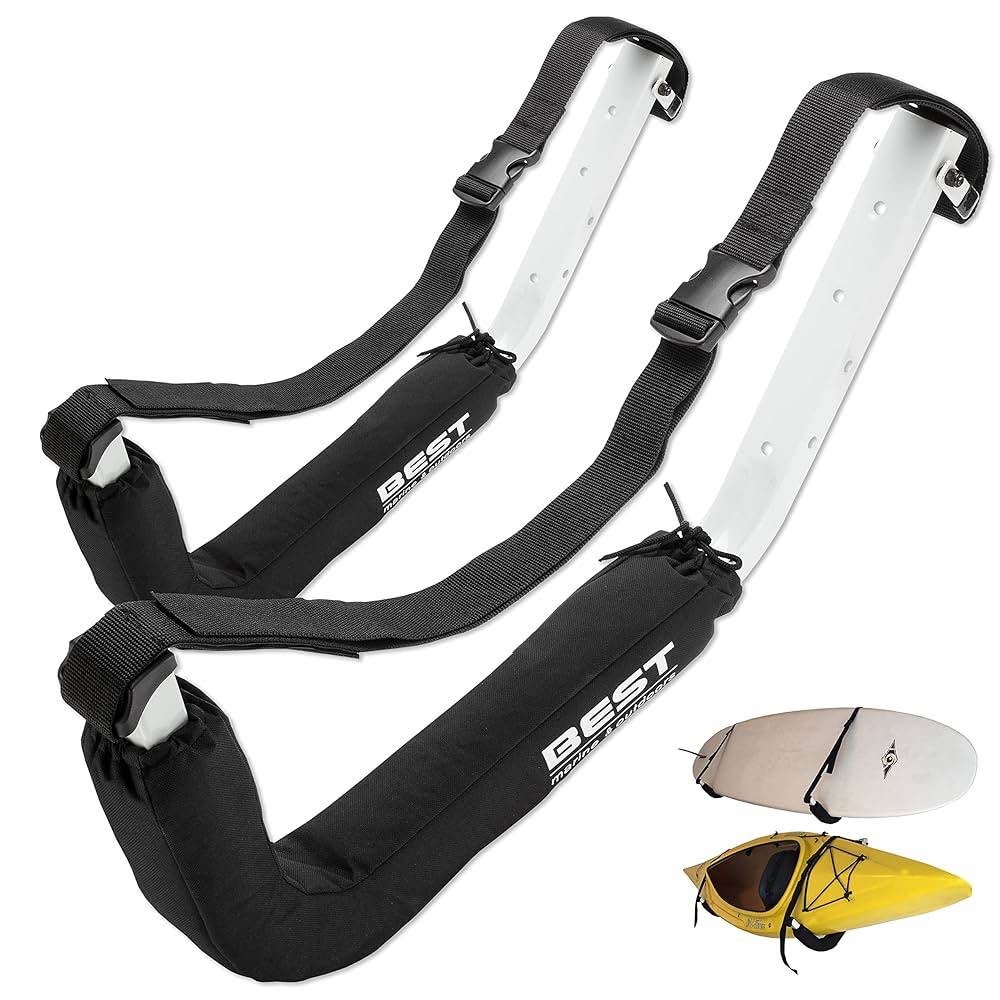 best marine and outdoors kayak storage rack, 2 premium wall mount racks, kayaks & sup paddle boards, 125lb weight capacity garage hanger, indoor outdoor paddleboard holder & kayaking accessories