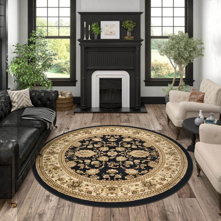 Sensation Transitional 8' Round Black and Beige Polypropylene Indoor Area Rug