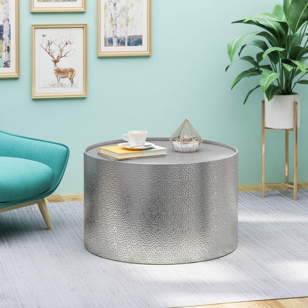Braeburn Round Coffee Table - Contemporary Hammered Iron Design - Silver - 26.00 x 26.00 x 17.25