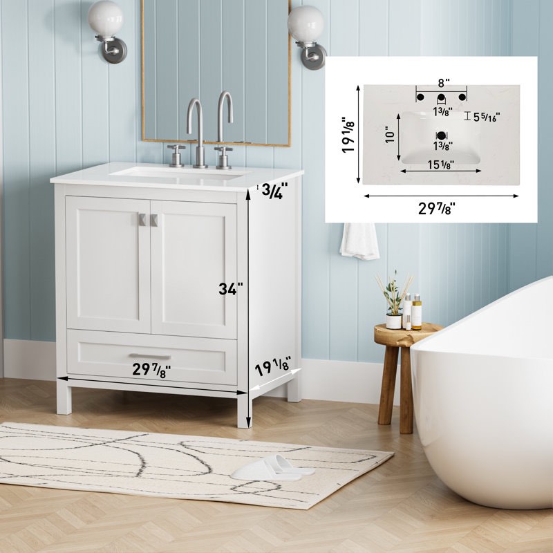 Elegant 30" Freestanding Bathroom Vanity with Marble Top & Ceramic Sink 