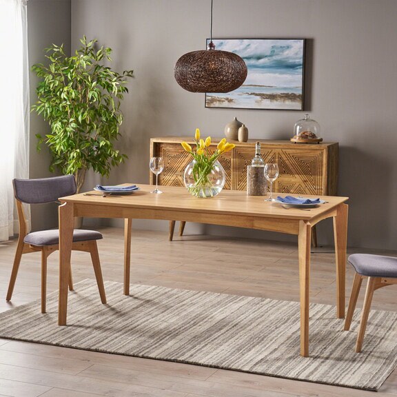 Dining Table, Rubberwood with Walnut Veneer, Mid-Century, Natural Oak Finish