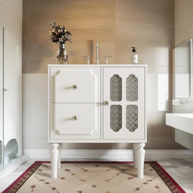 30'' Bathroom Vanity with Ceramic Sink Combo- Glass Door Design - Solid Pine Frame - Glossy Ceramic Sink - 8" Faucet Compatible