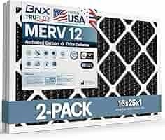 BNX TruFilter 16x25x1 MERV 12 Odor Defense (4-Pack) AC Furnace Air Filter with Activated Carbon - MADE IN USA - Pleated Air Conditioner HVAC AC Furnace Filters - Removes Odor, Mold, Bacteria, Smoke