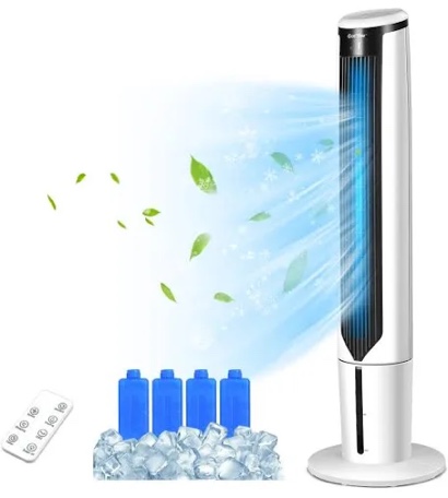 2-In-1 Evaporative Air Cooler - 41'' Quiet Cooling Tower Fan Humidifier Portable Swamp Cooler with Bladeless Design, 60° Oscillation, Remote Control, 3 Modes and 3 Wind Speeds, 12H Timer, 4 Ice Boxes