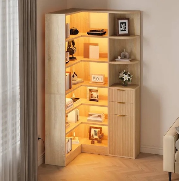 L-Shaped Corner Bookshelf With LED Lights & Drawers