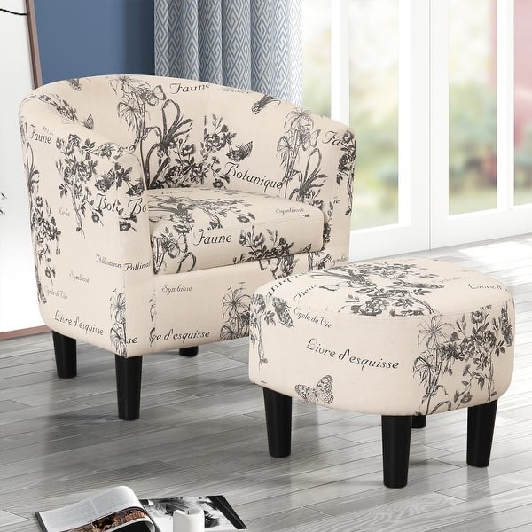 Classic Barrel Accent Chair Upholstered in Soft Polyester Fabric Footrest included - White