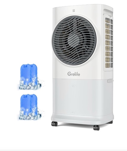 Grelife 3-in-1 Portable Air Conditioner, 400 Sq.Ft Evaporative Air Cooler with 1.72Gal Tank & 4 Ice Packs, 360° Oscillation, 30ft/s Wind Speed, 42dB Quiet, 8H Timer for Bedroom/Office/Home