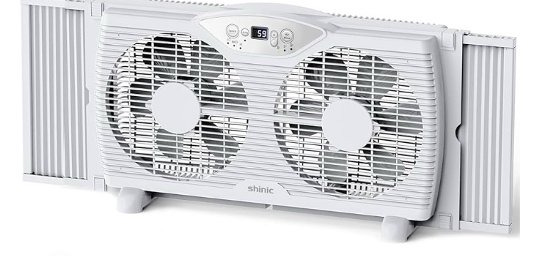 shinic Twin Window Fan with Remote, 9-Inch Blades Reversible Airflow, Thermostat Control, 3 Speeds, 3 Functions, 23.8"-37" Expandable Width, Window Exchaust Fans for Home Bedroom, ETL Certified