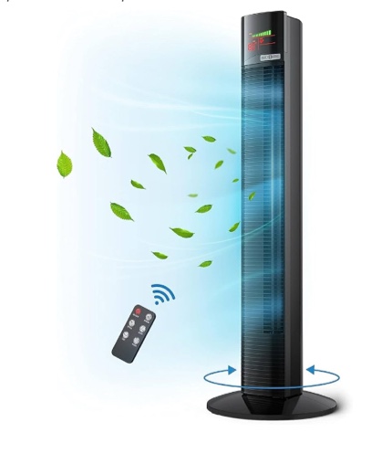 PARIS RHÔNE Tower Fan, 44” Standing Oscillating Fan with Remote, 3 Speeds, 3 Modes, 12-Hour Timer, LED Display, Portable Bladeless Tower Fan for Bedroom, Living Room, Home Office,Black