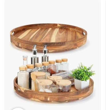 Nitial 2 Pack 20 Inch Acacia Wood Lazy Susan Turntable with Handle Wooden Rotating Serving Tray Charcuterie Board Kitchen Organizer Turntable for Countertop Cabinet Pantry