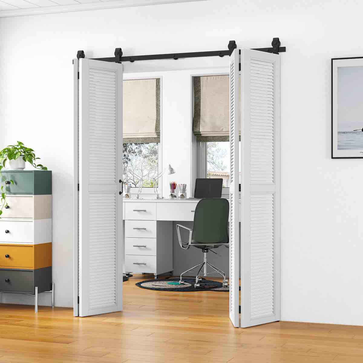Standard Bifold Double Barn Door Hardware Kit (Door Not Included), Top Mounted Hanger