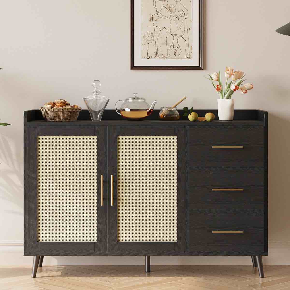 47.12" W Coffee Bar Wine Cabinet With 14-grid Wine Rack, 3 Drawers, Woven Rattan Doors, Multi-purpose Home Bar & Liquor Bar For Kitchen And Living Room
