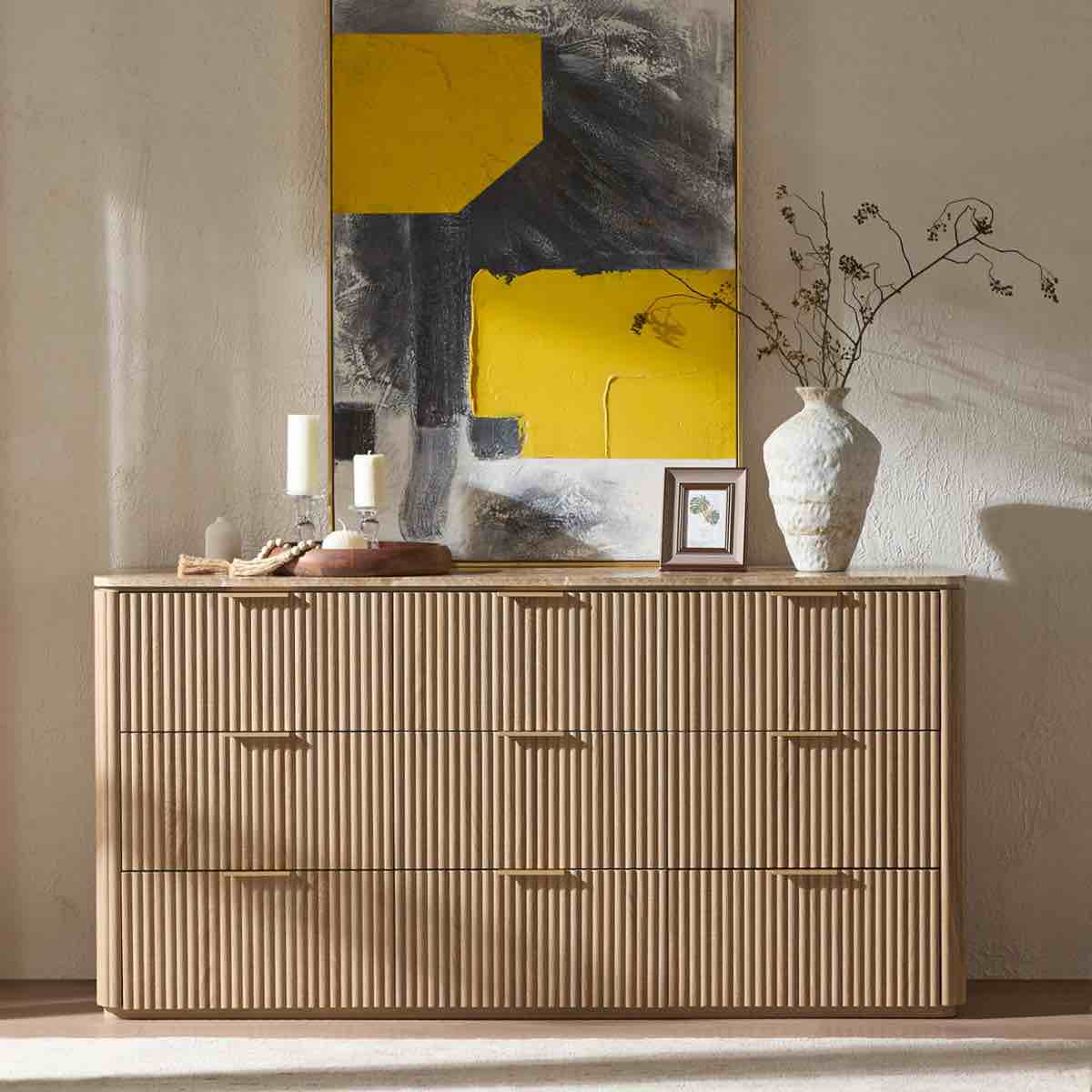 63" W Fluted 9-drawer Dresser With Faux Marble Top