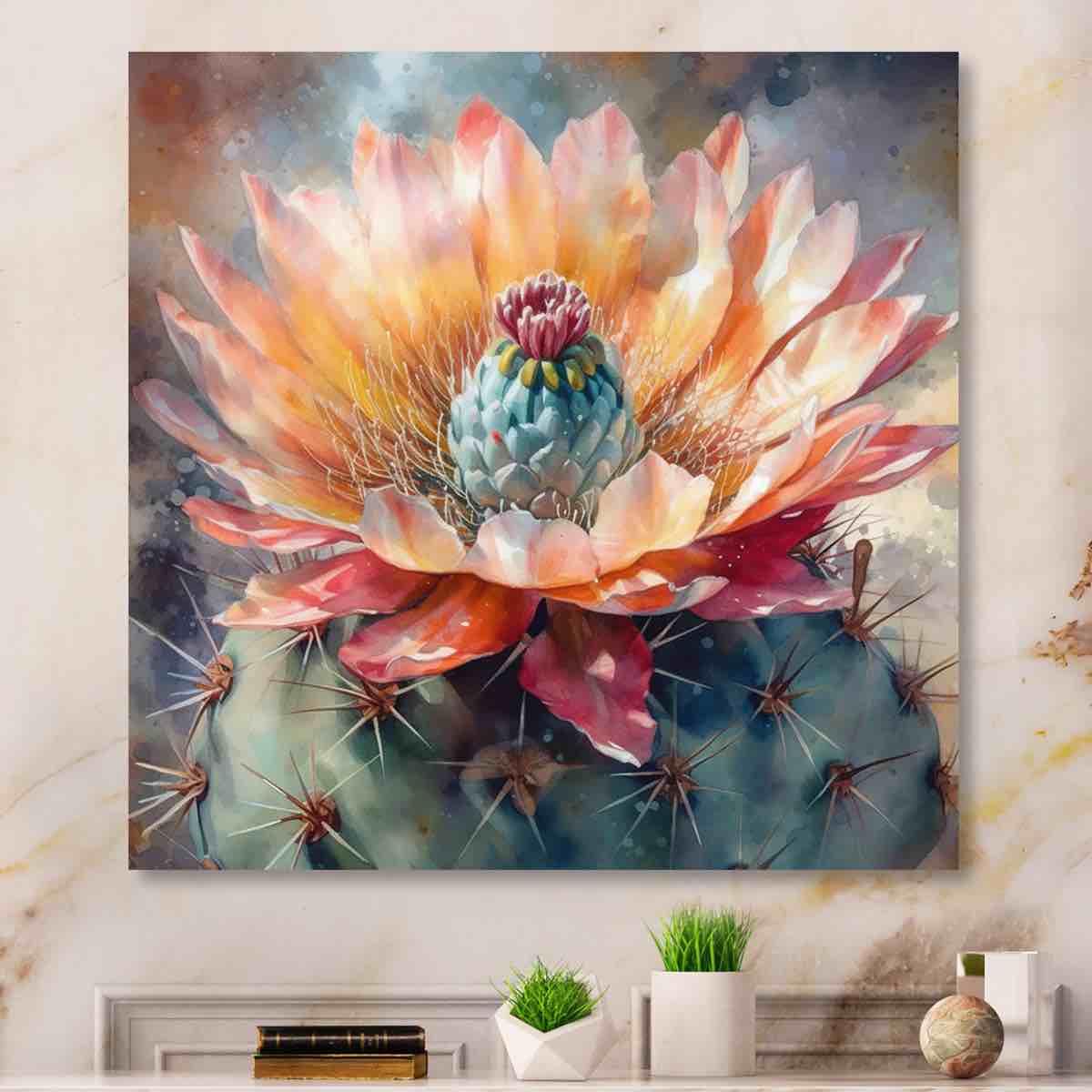 Rozalija Orange Green Cactus Flower III - Cactus Framed Canvas Print