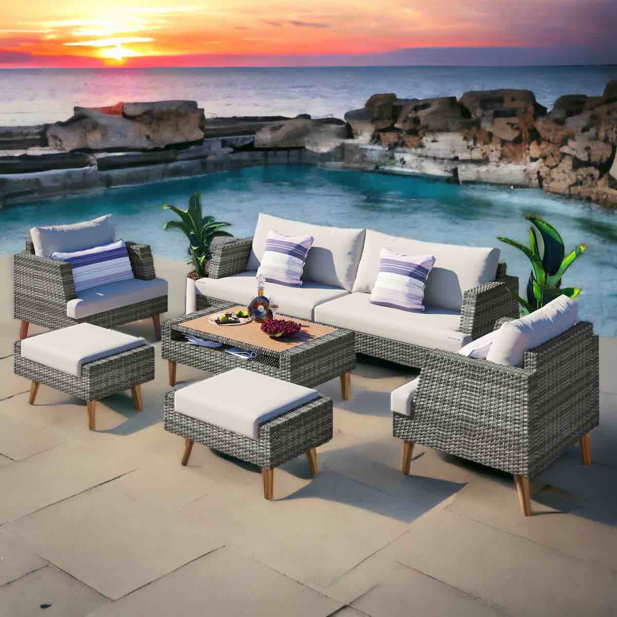 Ipke Wicker 6 - Person Patio Conversation Sets with Cushions