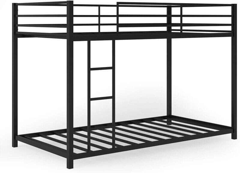 Sturdy Metal Bunk Bed Frame Twin Over Twin with Safety Guard Rails and Side Ladder