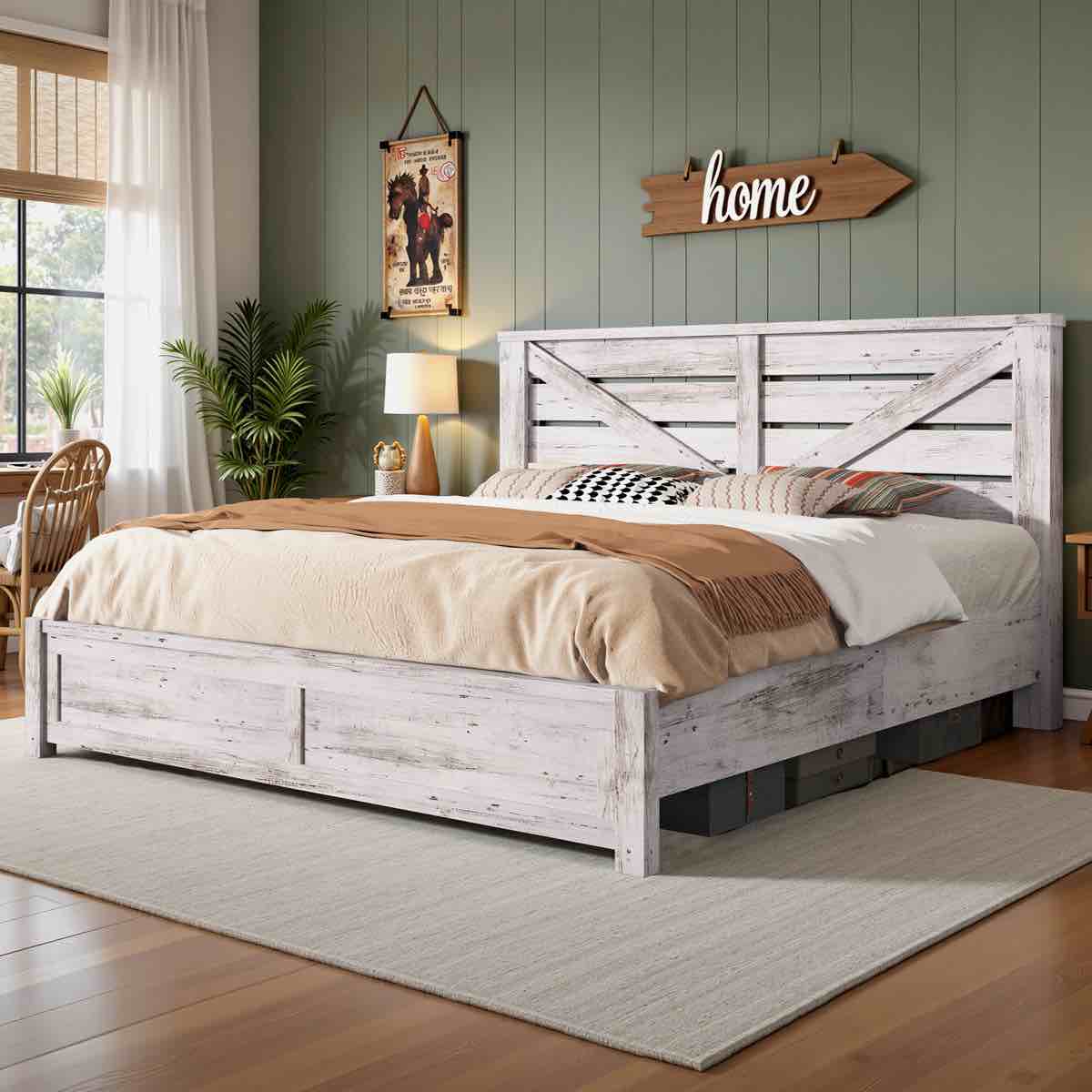 Tryston Farmhouse King Bed Frame with 49.2" Barn Door Headboard, White