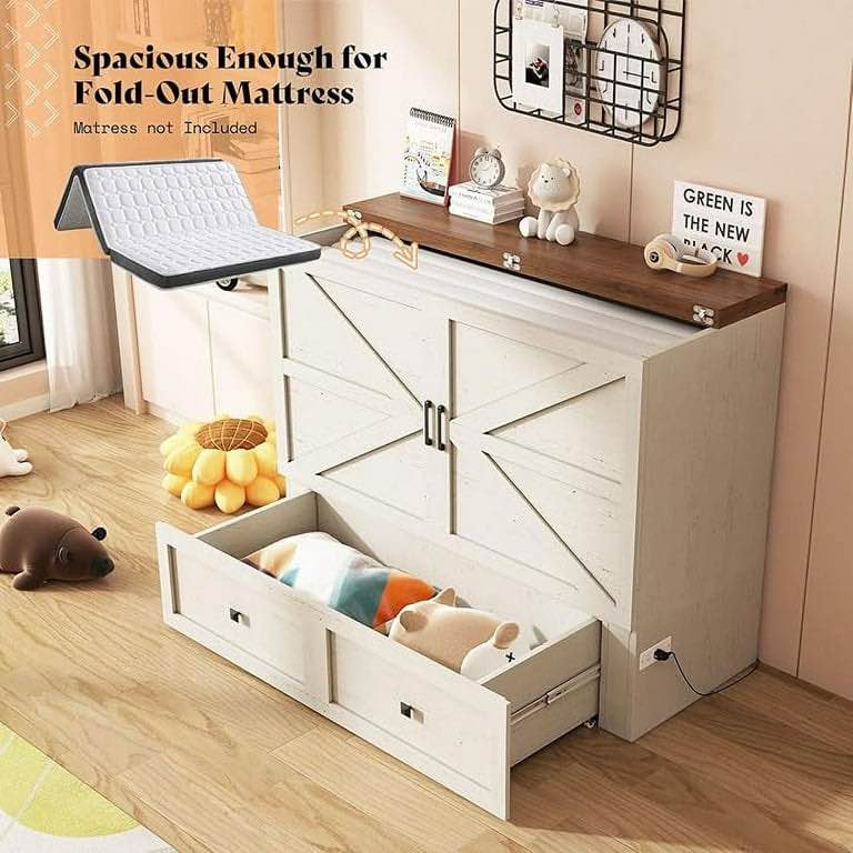 Amerlife Murphy Queen Size Bed with Storage and Charging Station, Distressed White & Barnwood