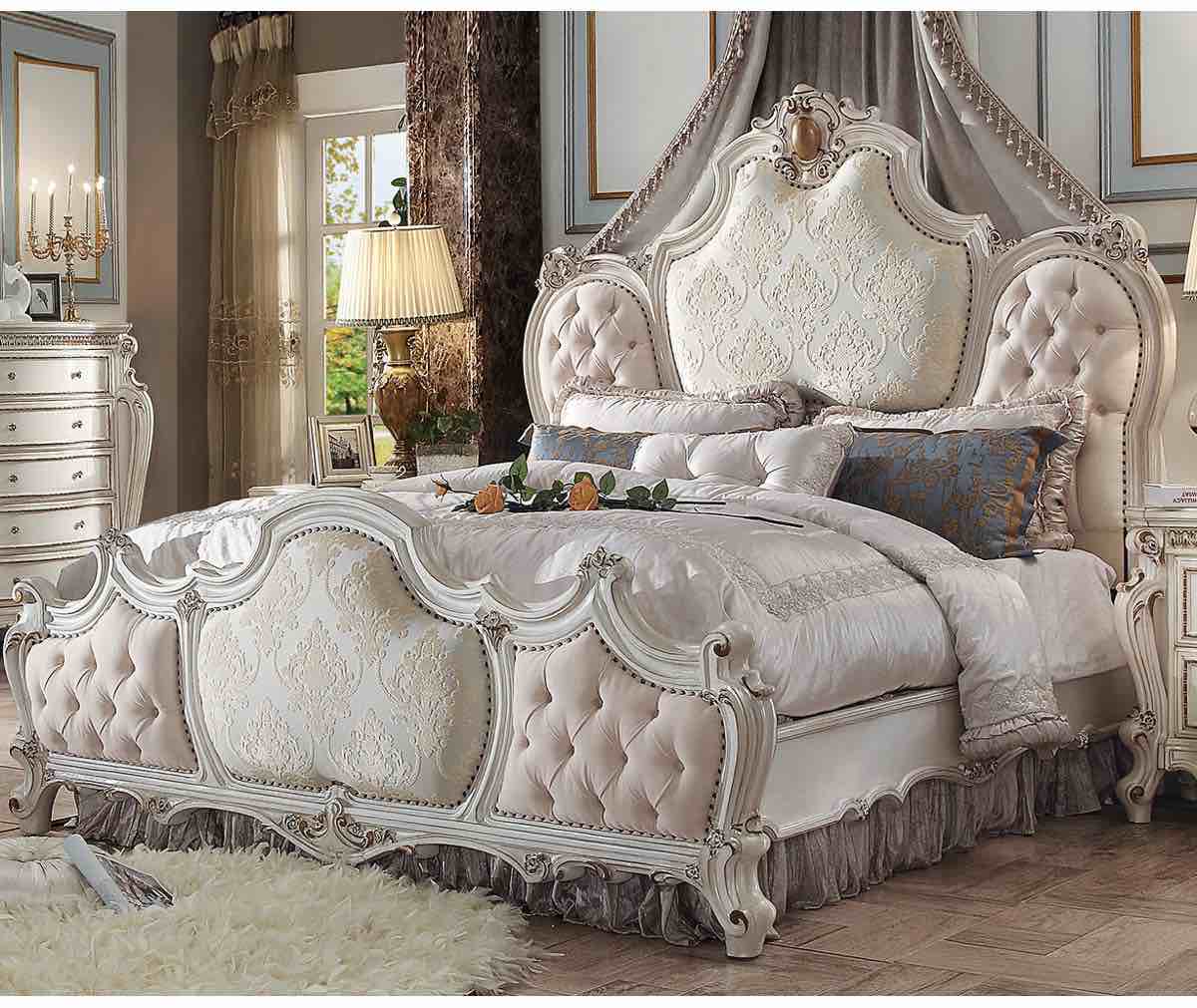 Tufted Beige Upholstered 100% Polyester Bed With Nailhead Trim