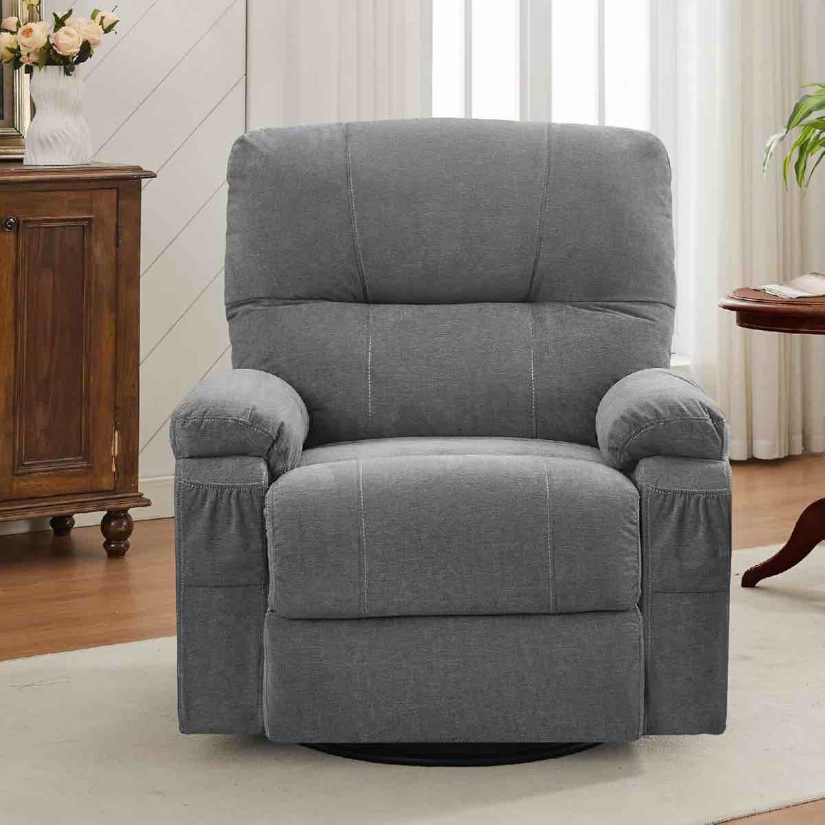 Swivel Rocker Recliner Chair With Massage, Manual Recliner Chair With Overstuffed Backrest And Armrests For Living Room