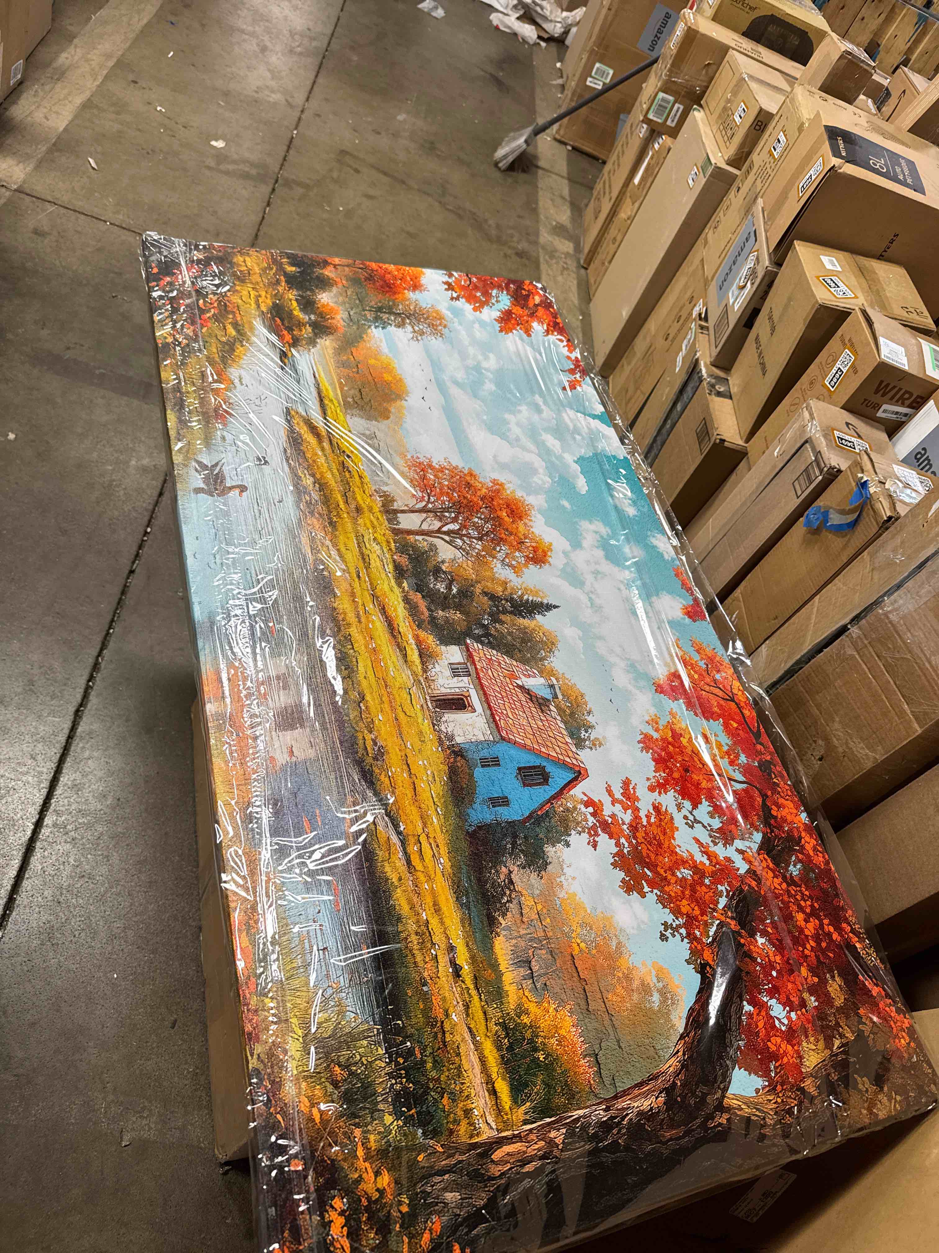 Condition photo showing Good Condition for SERIMINO Nature Landscape Wall Art, Lakeside Farmhouse Canvas Large Artwork, Autumn Forest Cottage Scenic Wall Prints, Rustic Pictures Wall Decor Living Room Bedroom Bathroom Kitchen 24"X48" ( Broken piece on back shown in pictures)