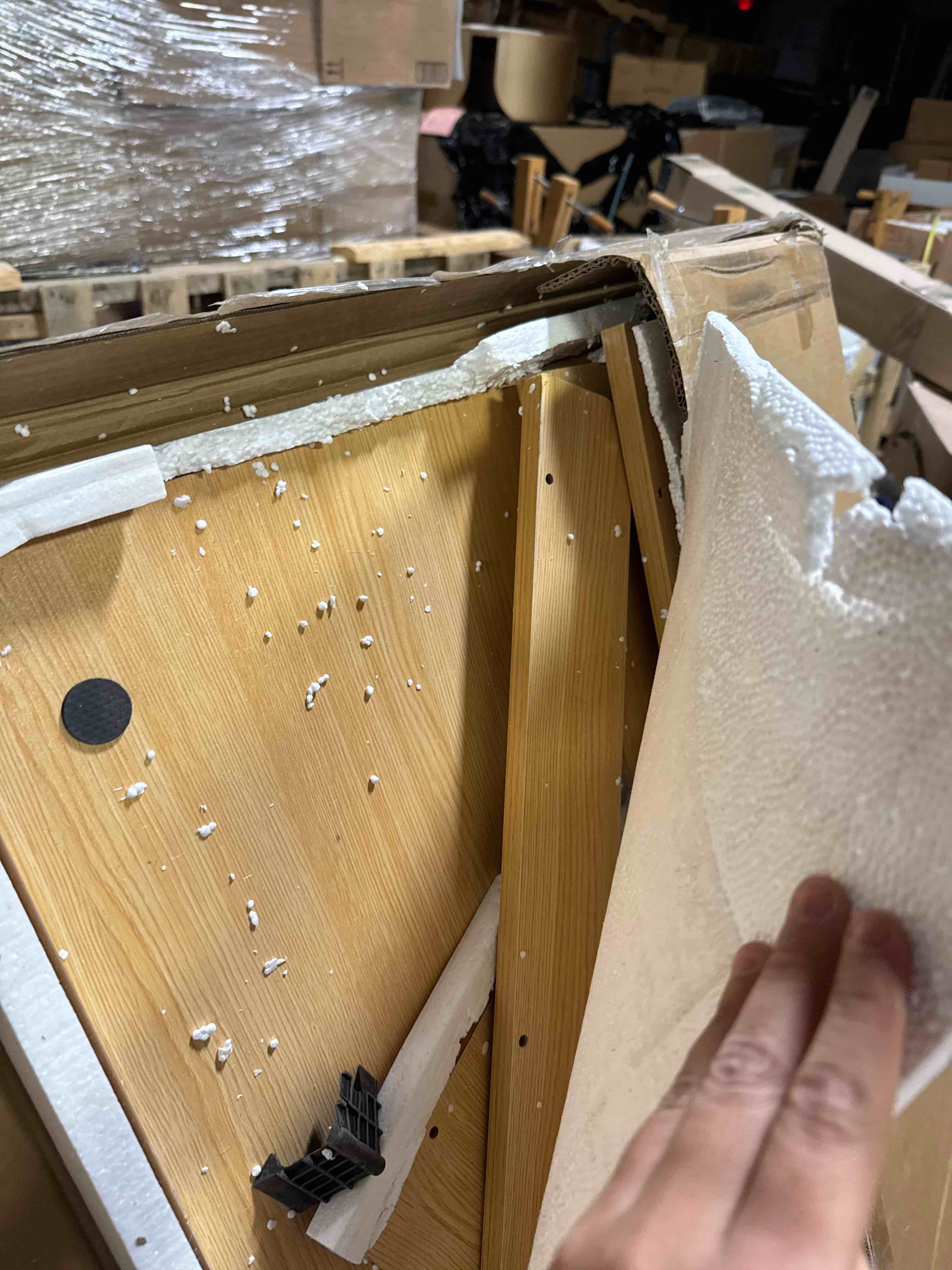 Condition photo showing Good Condition for Royxen Laundry Countertop with 2-Tier Shelf Universal Fit, Washer and Dryer Countertop with Storage Space, Shelf Height 11.5 Inches, Solid Wood Core, Oak ( Has a damage on corner shown in pictures)