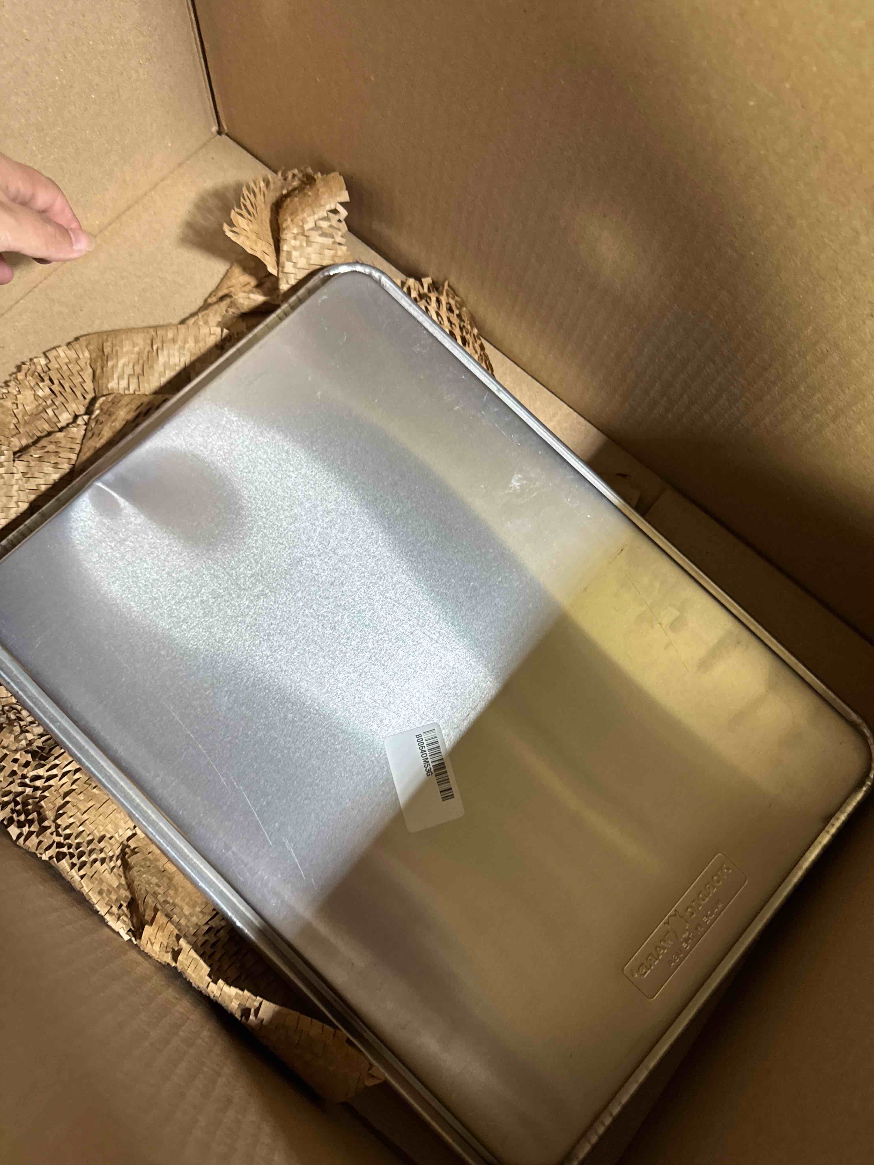 Condition photo showing Good Condition for Nordic Ware Extra Large Baking Sheet, 21 x 15 inches, XL Big sheet pan Natural Uncoated Aluminum, Reinforced Steel Rim Prevents Warping, 3 pk Big Sheet