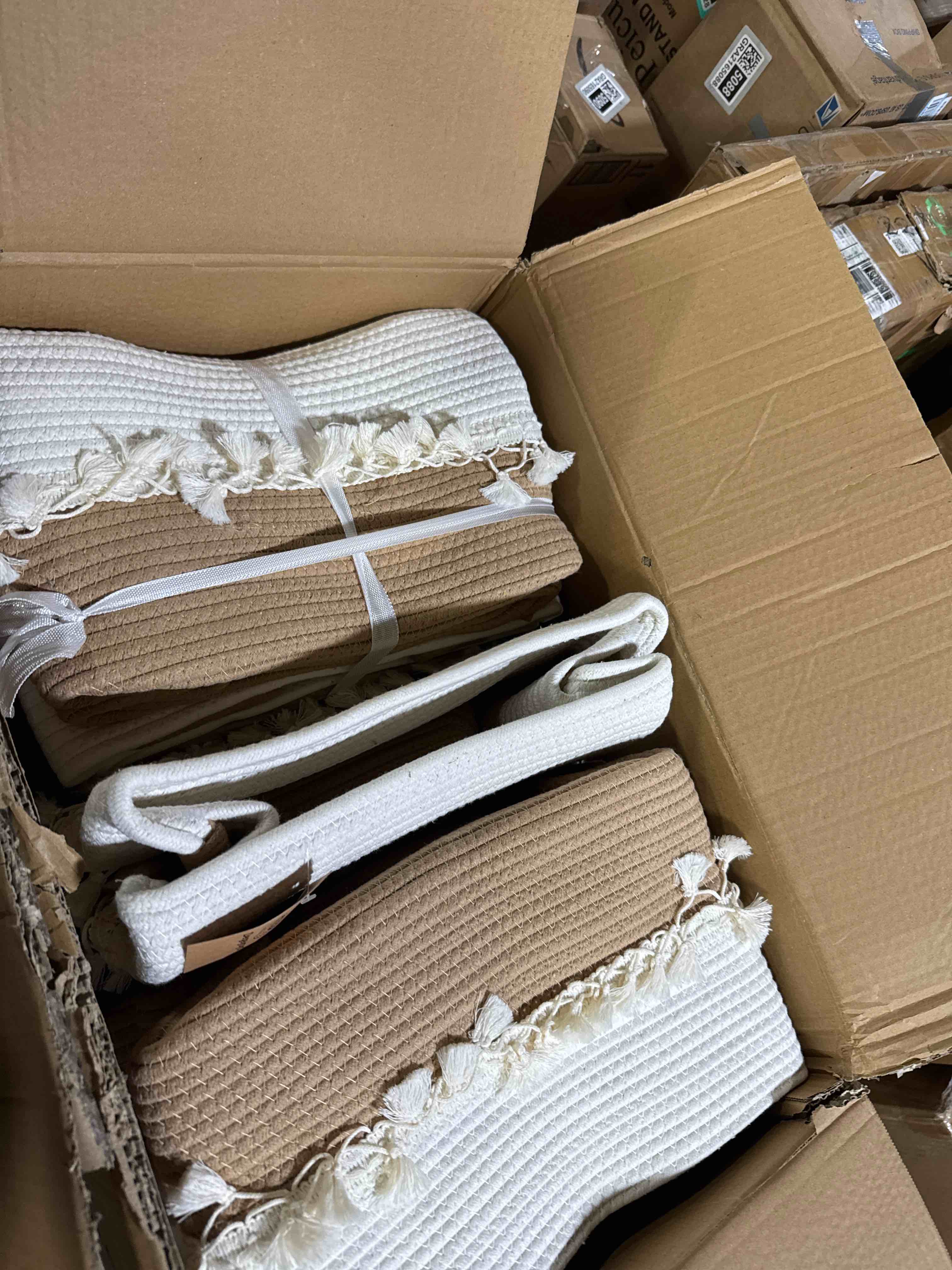 Condition photo showing New/Like New for TeoKJ Woven Storage Bin Set of 3, Cotton Rope Basket for Storage, Clothes Boho Basket Bin for Organizing, Fabric Basket for Books, Plants, Pet Treats, White & Jute