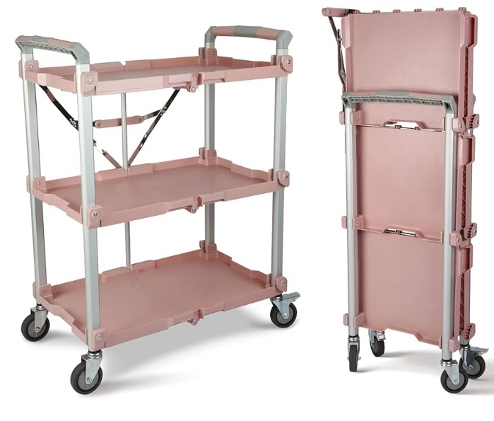 Olympia Tools 89-350 Pack N Roll Collapsible Service Cart, 150LB Capacity, 3-Tiered, Rose