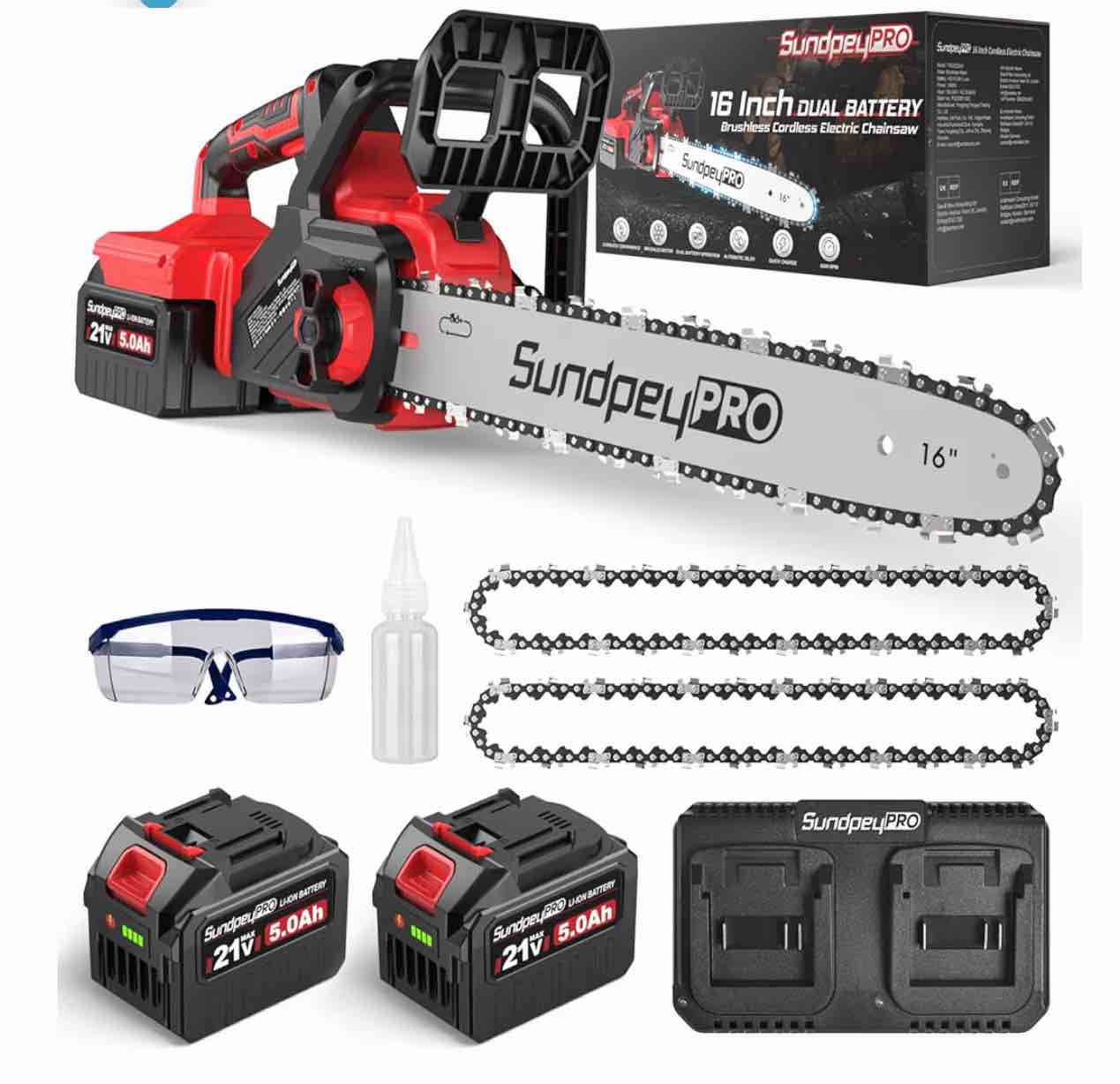 16" cordless electric chainsaw - 42v brushless dual battery powered power chain saw with 2 x 5.0ah battery & charger & tool-free tensioner & instant-stop chain brake for tree & wood cutting