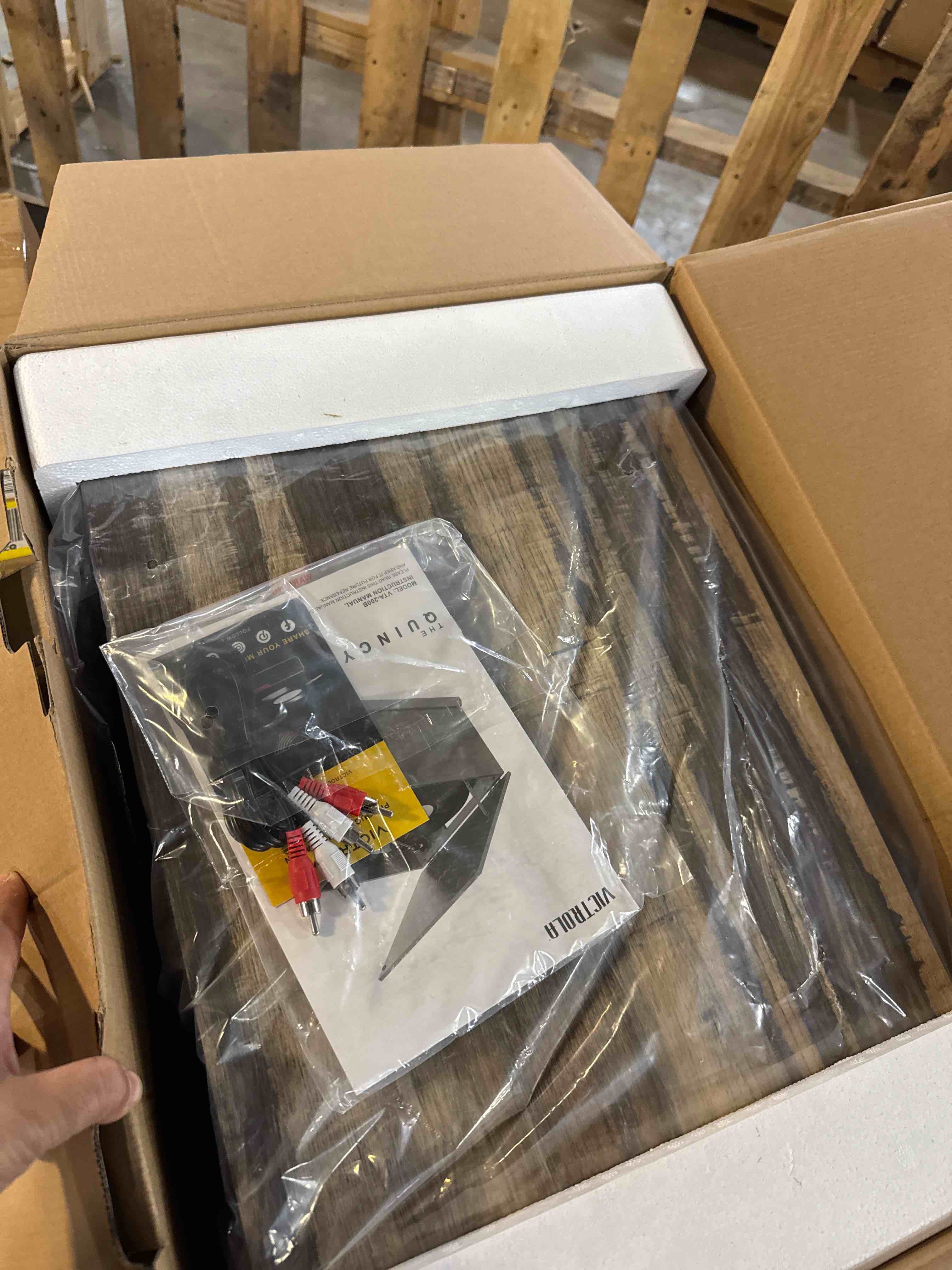 Condition photo showing New/Like New for Victrola The Quincy 6-in-1 Bluetooth Record Player & Multimedia Center with Built-in Speakers – 3-Speed Turntable, CD & Cassette Player, AM/FM Radio, Wireless Music Streaming (Farmhouse Shiplap Grey) Farmhouse Shiplap Grey Record Player