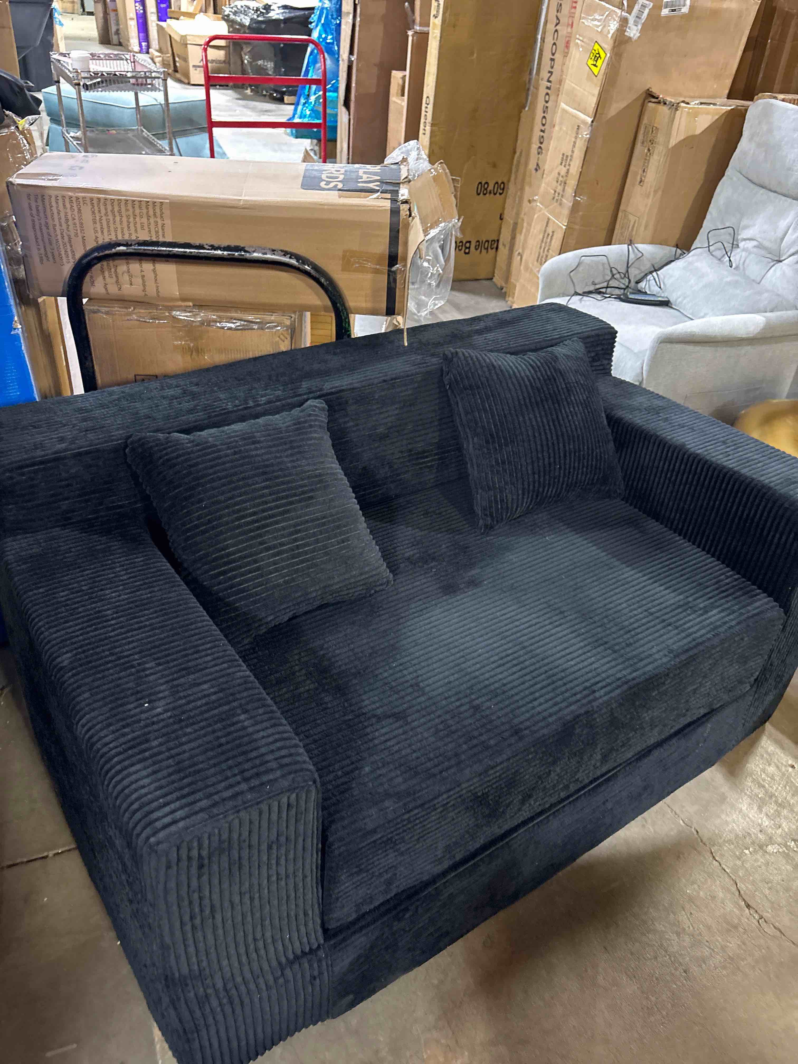 Condition photo showing New/Like New for 3-in-1 Convertible Sofa Bed: Boneless Loveseat Sleeper & Folding Couch Bed with 4 Pillows & Detachable Cushion for Bedroom, Small Space, Guest and Living Room, Corduroy Futon, No Assembly,Black