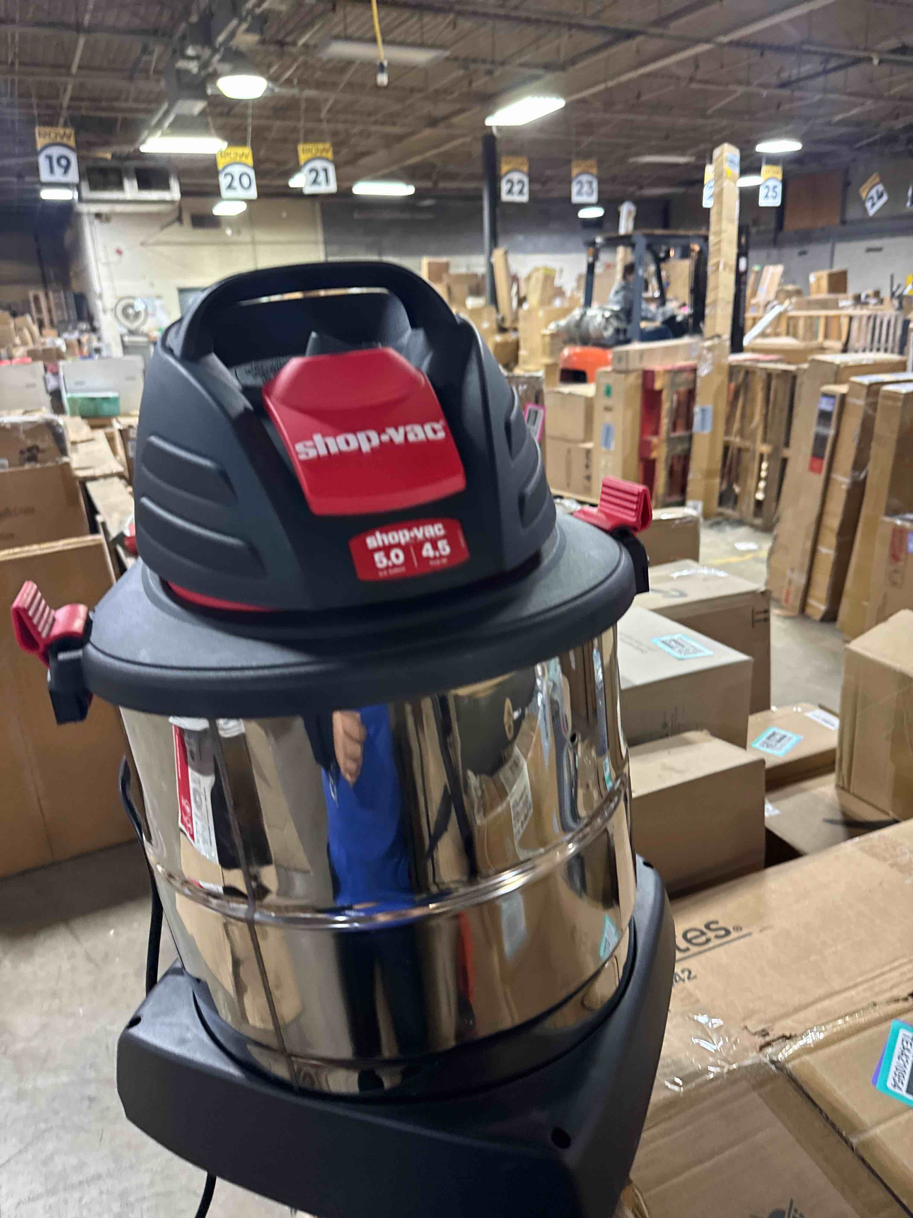 Condition photo showing Good Condition for Shop-Vac 5 Gallon 4.5 Peak HP Wet/Dry Vacuum, Stainless Steel Tank, Portable Shop Vacuum with Filter, Hose and Accessories for Garage, Workshop. 5920588 ( Has a broken piece on bottom shown in pictures)