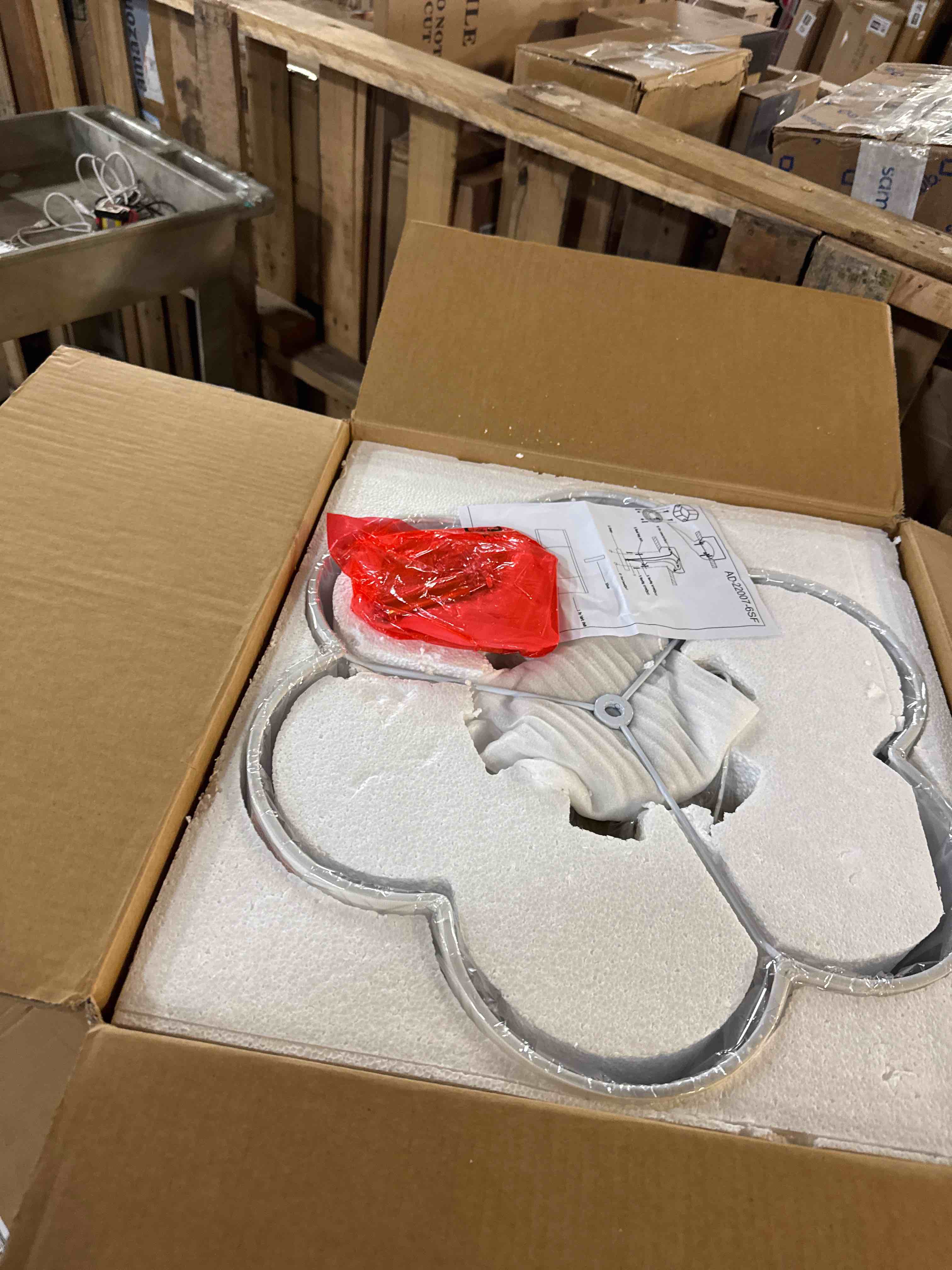 Condition photo showing New/Like New for Gold Semi Flush Mount Ceiling Lights, 6-Light 18Inch Ceiling Light Fixtures with Fabric Shade in Flower Shape, Farmhouse Brass Drum Lighting for Nursery Bedroom Kitchen, AD-22007-6SF-GD Gold, Fabric Shade 18"