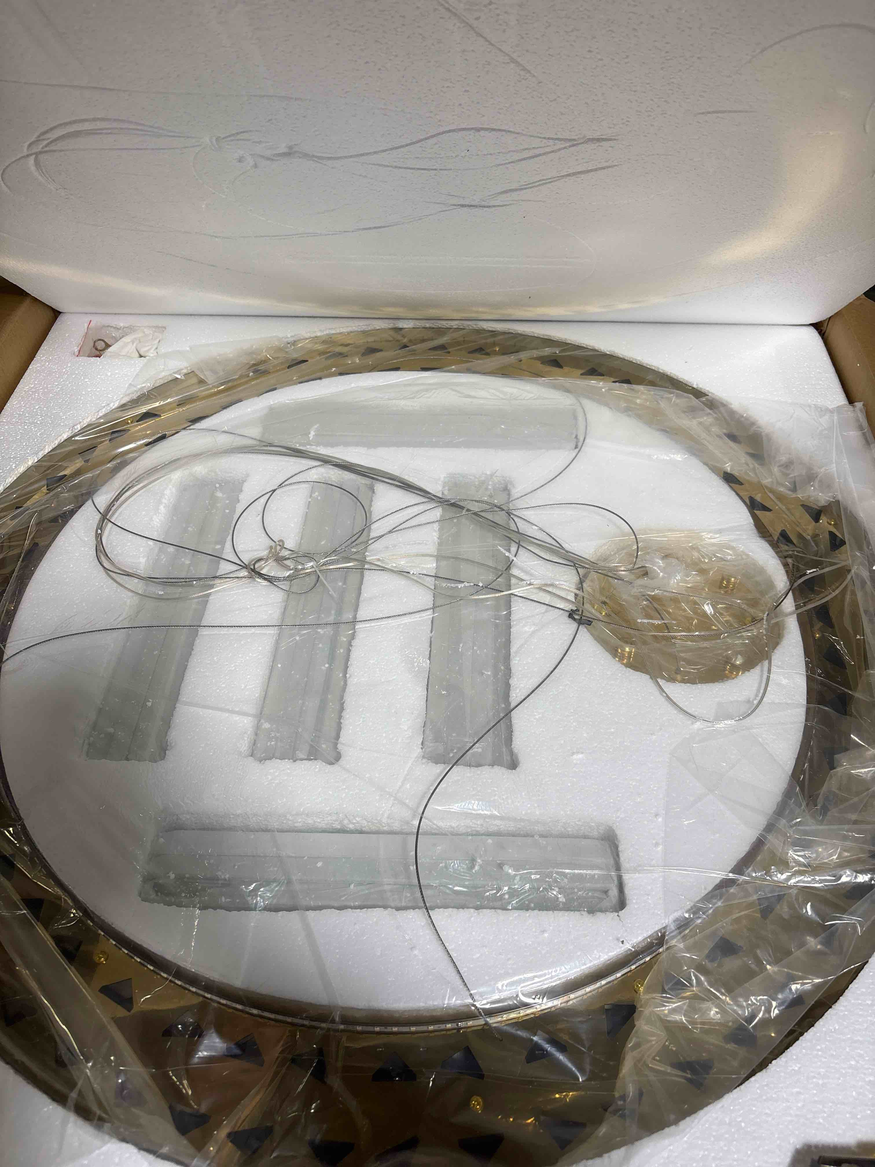 Condition photo showing New/Like New for Mrs Go Round Crystal Chandeliers, Drum Bedroom Hanging Lamp, Luxury Bedroom Light Fixtures Decor for Home, Kitchen, Dining Room with Light Bulbs (Gold, Round 31 inches)