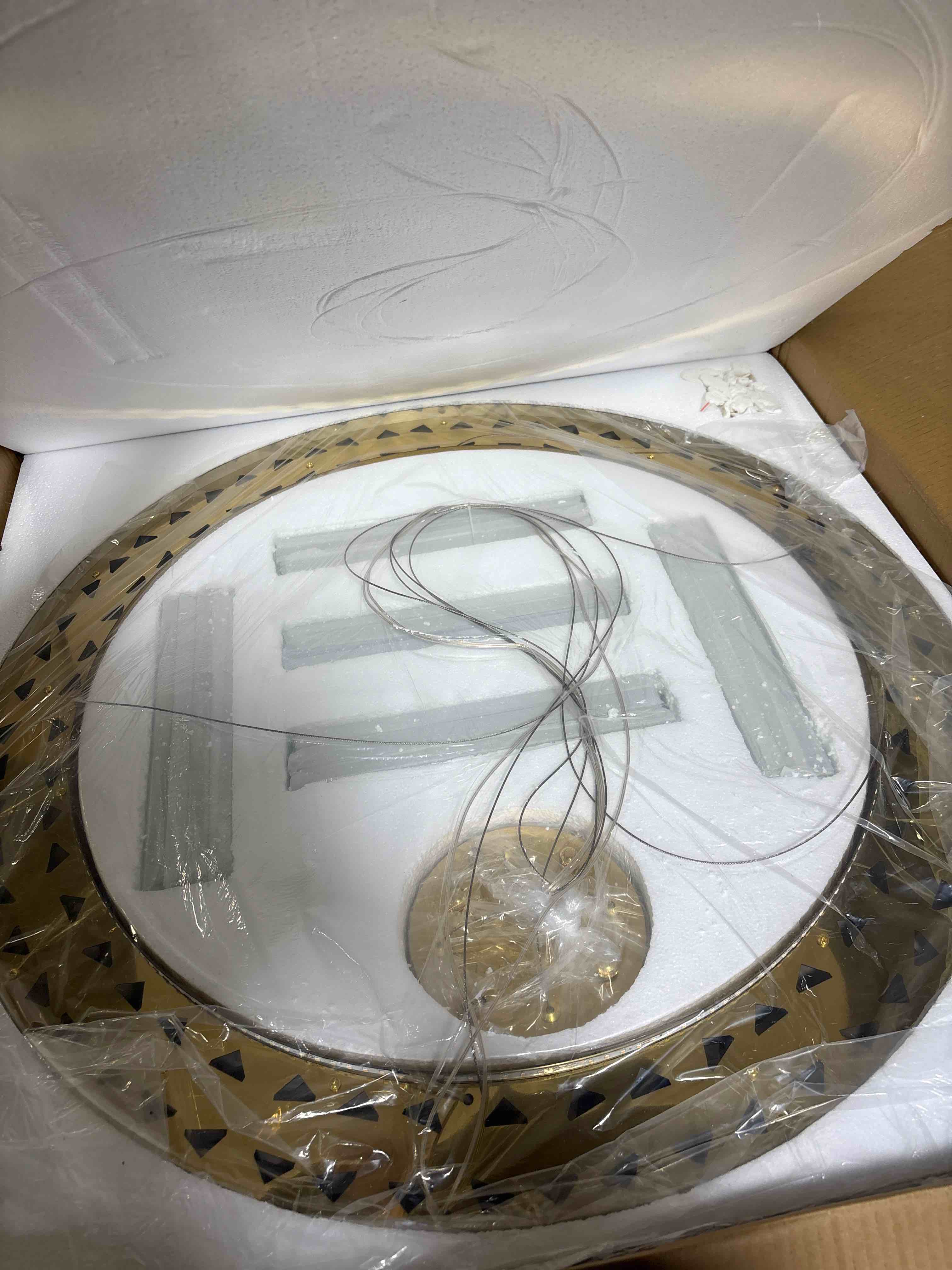 Condition photo showing New/Like New for Mrs Go Round Crystal Chandeliers, Drum Bedroom Hanging Lamp, Luxury Bedroom Light Fixtures Decor for Home, Kitchen, Dining Room with Light Bulbs (Gold, Round 31 inches)