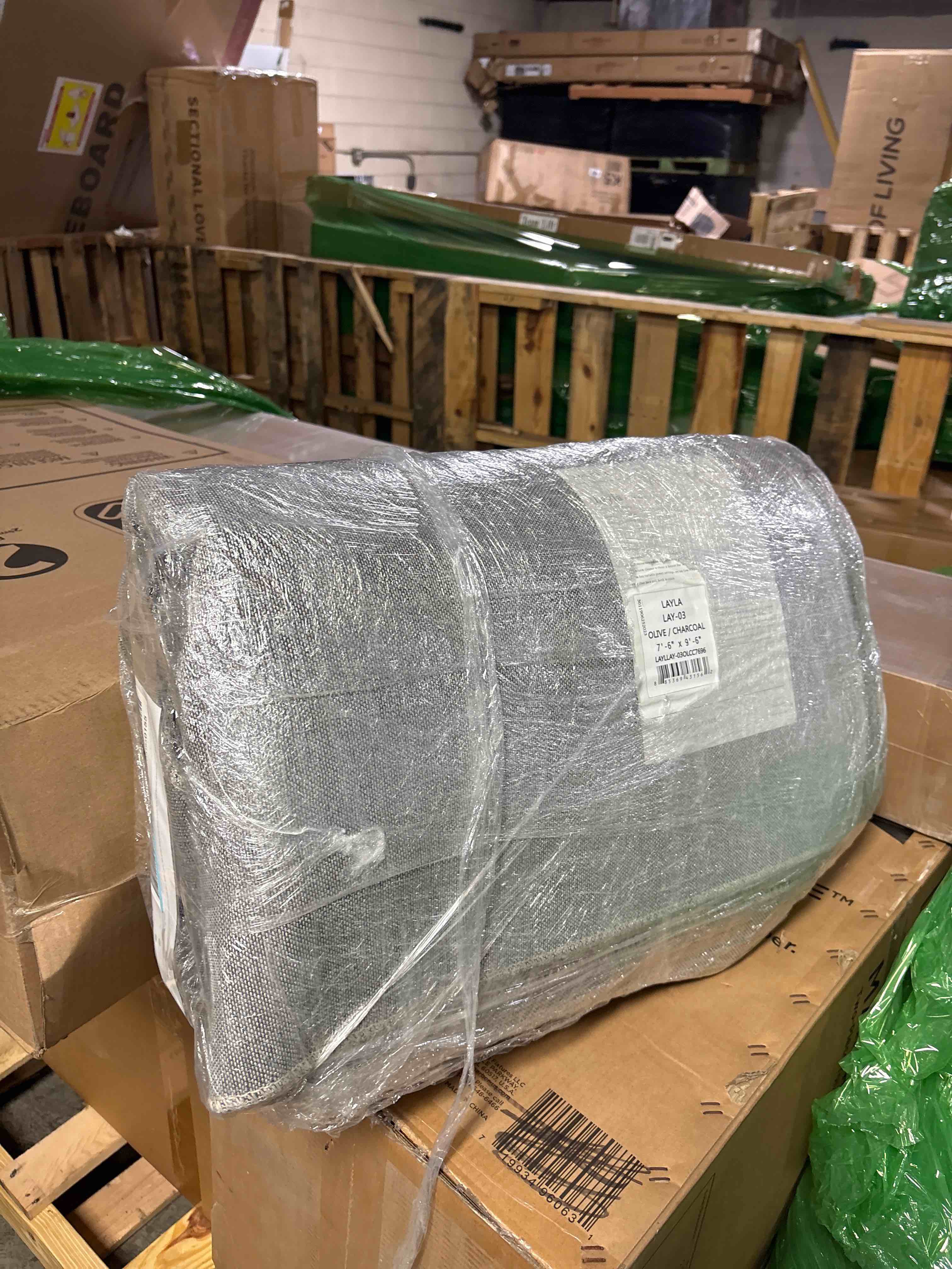 Condition photo showing New/Like New for Loloi Layla Collection LAY-03 Olive/Charcoal 7'-6" x 9'-6" .13" Thick Area Rug, Soft, Durable, Vintage Inspired, Distressed, Low Pile, Non-Shedding, Easy Clean, Printed, Living Room Rug 7'6" x 9'6" (Rectangular) Olive / Charcoal