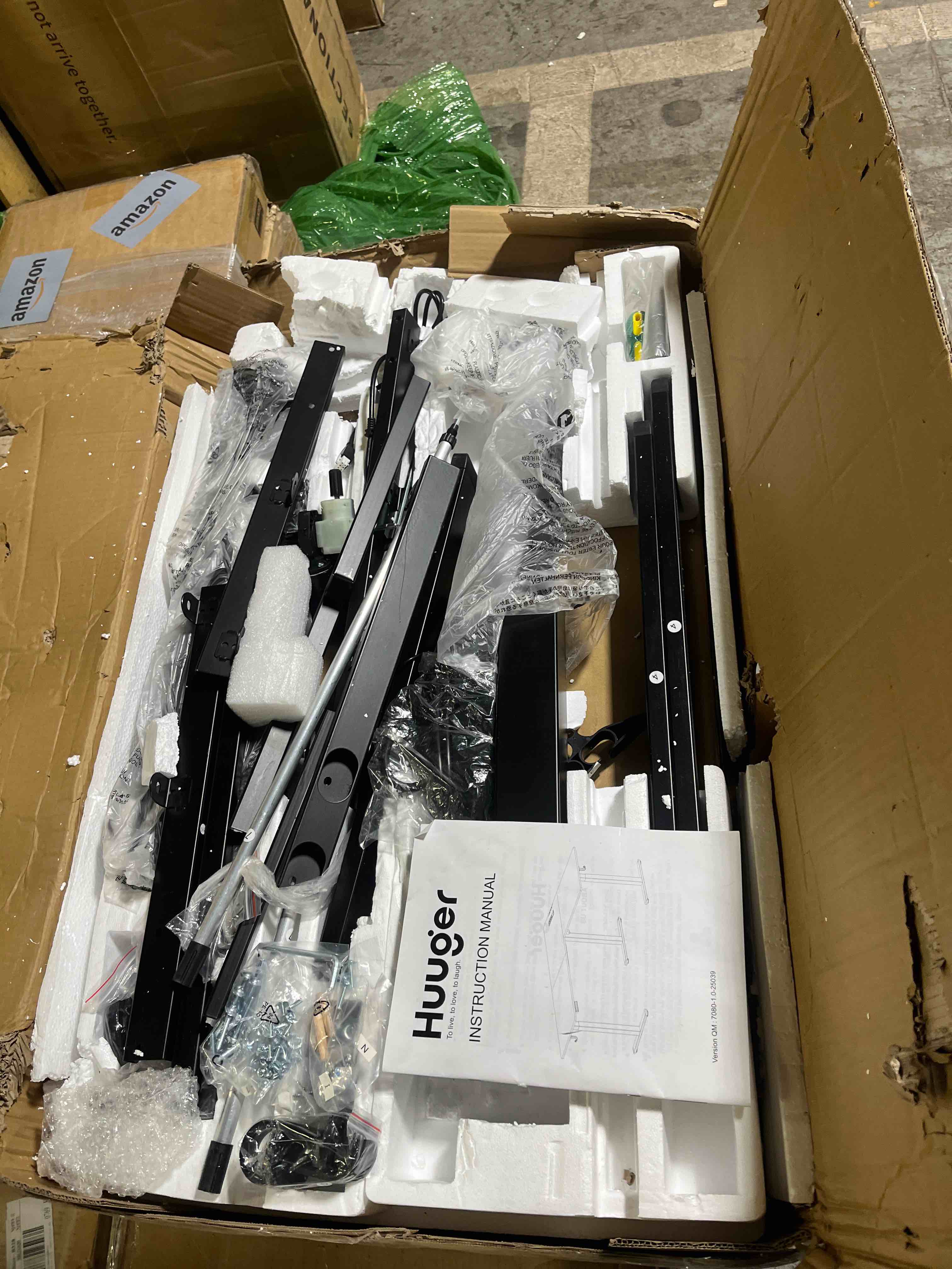 Condition photo showing Good Condition for Huuger L Shaped Standing Desk with Power Outlets, 63 x 55 Inch Height Adjustable Computer Desk for Bedroom, Corner Stand up Desk for Home and Office, Work and Study, Rustic Brown