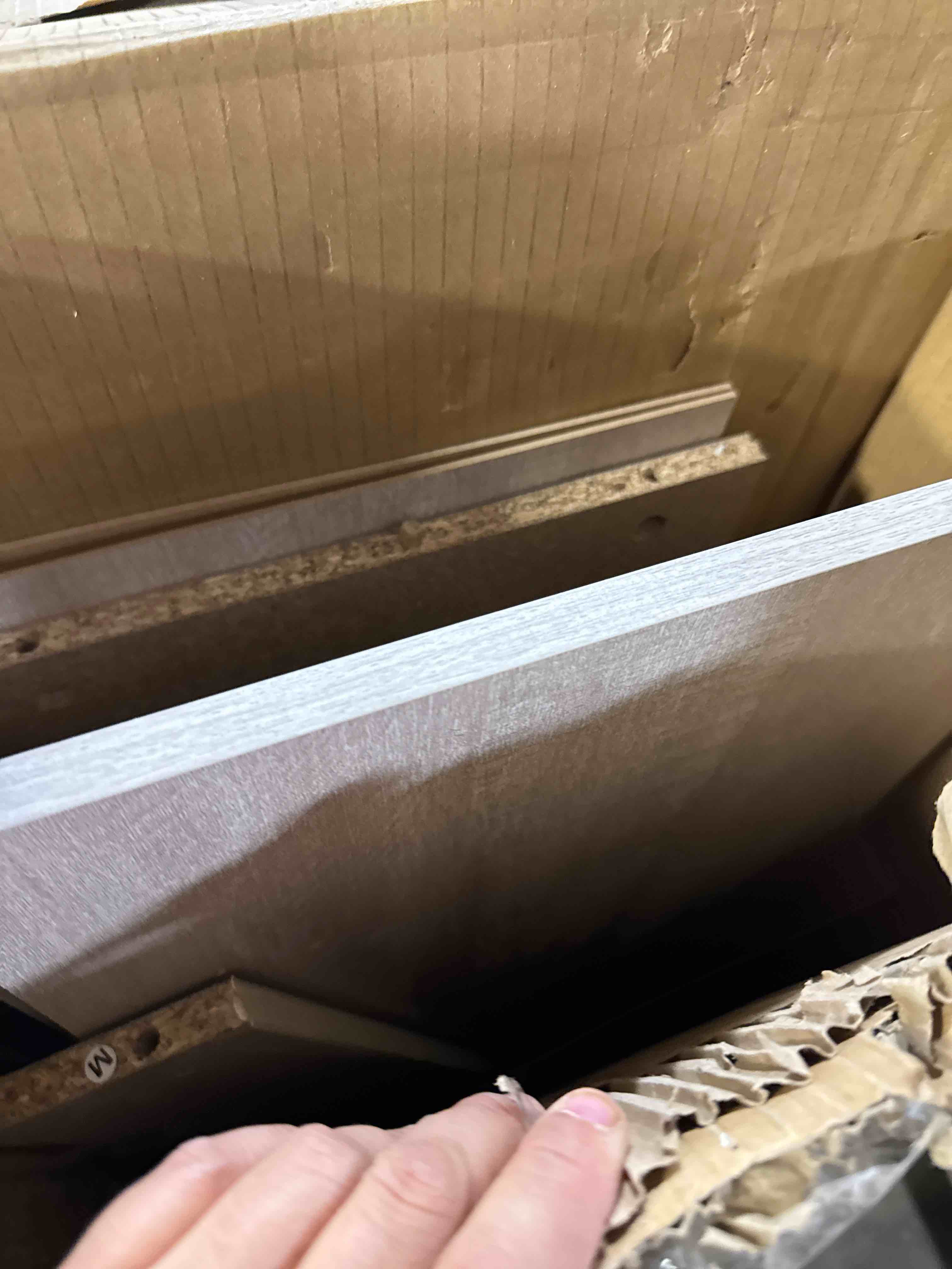 Condition photo showing As Is for Malyha Farmhouse Louvered 3 door Shoe Cabinet 