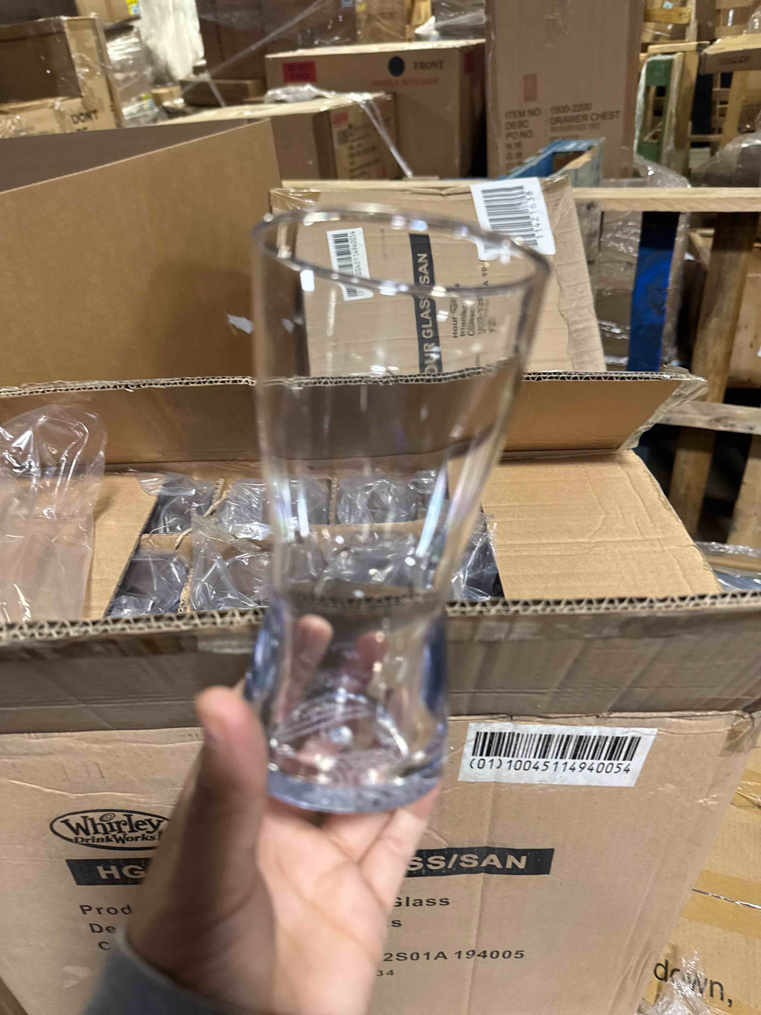 Condition photo showing New/Like New for Whirley Drinkworks 12-16 Oz clear plastic Pilsner glass 72 Case