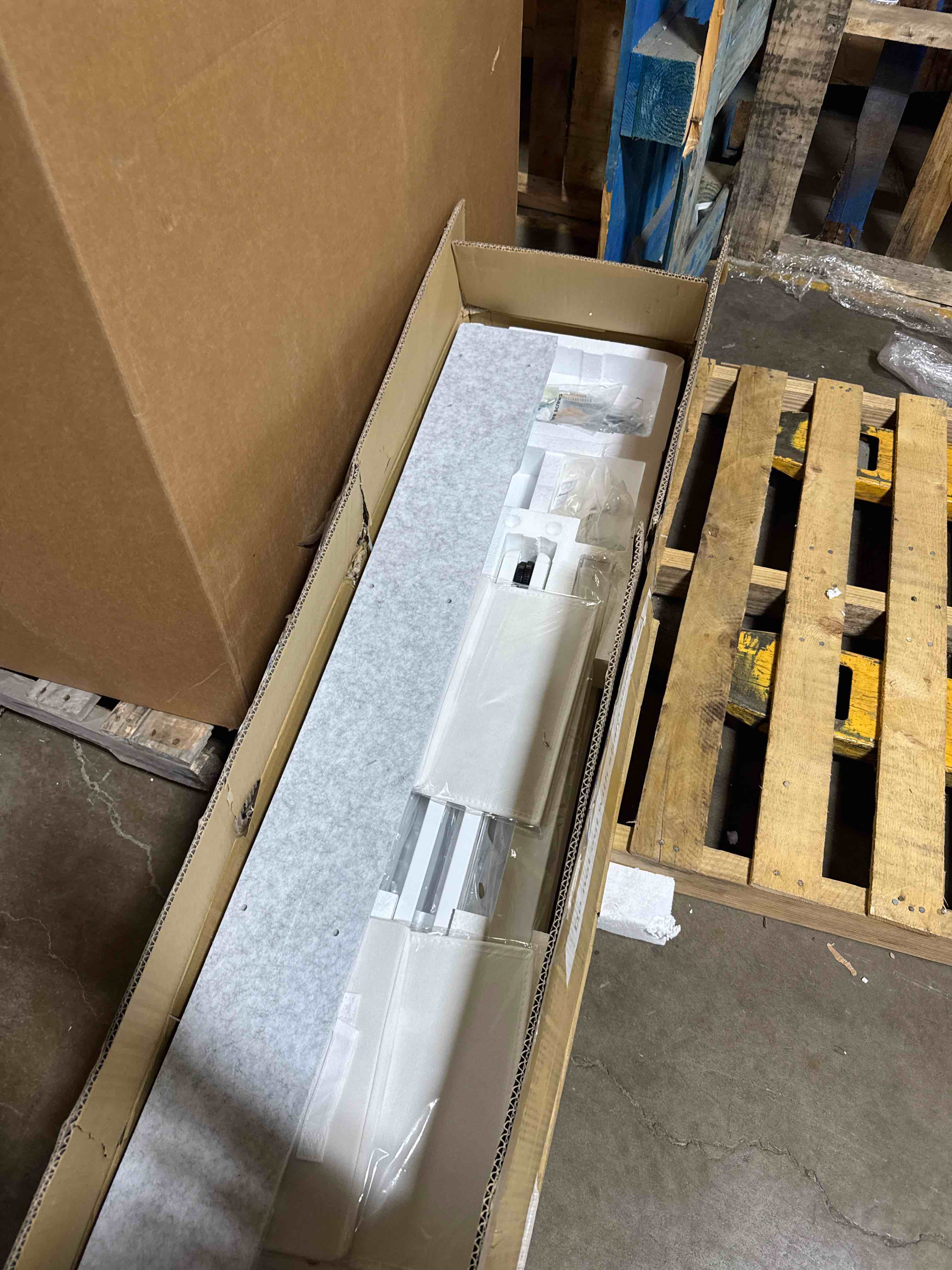 Condition photo showing New/Like New for HUANUO 55? x 26? Electric Standing Desk with 2 Drawers, C-Clamp Mount Compatible, Height Adjustable Computer Desk, Home Office Stand Up Desk with 4 Preset Heights & 2 Hooks, White