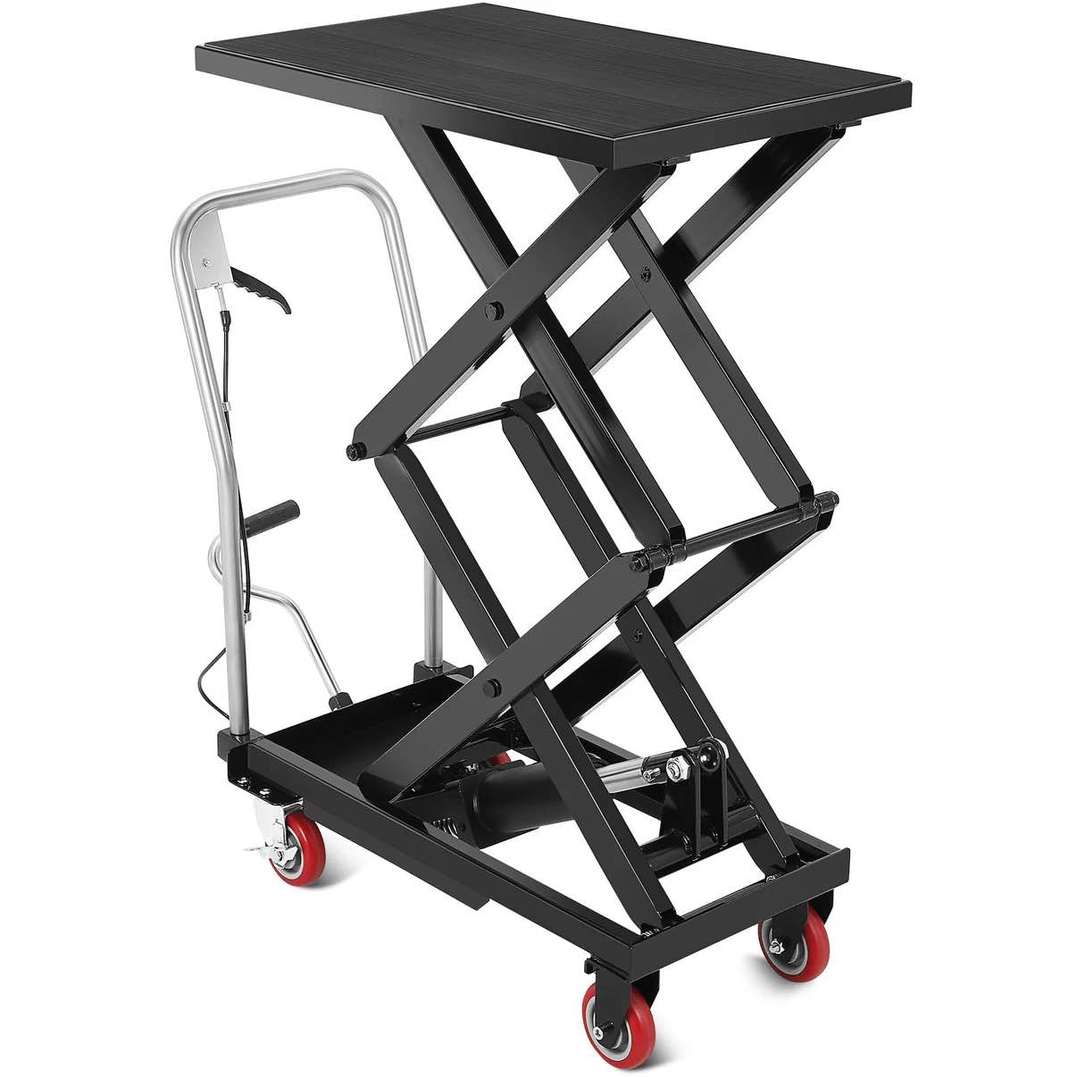 garvee hydraulic lift table cart 330 lbs capacity 50" height double scissor steel frame non-slip pad 4 wheels for material handling
