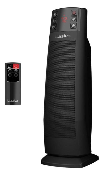 lasko 22” oscillating electric ceramic tower space heater, tip-switch, remote, black, ct22850