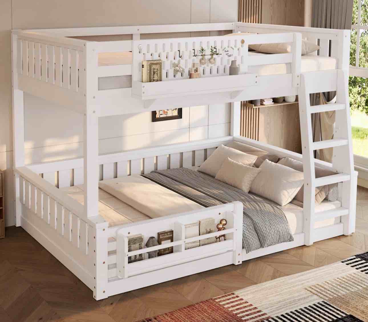 full xl over queen/full over queen bunk bed with ladder and guardrails pegboard and bookshelf white 