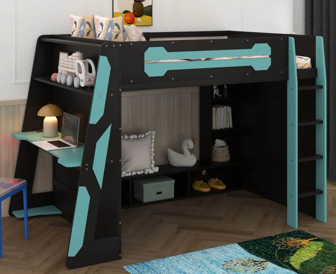 Full Size Gaming Loft Bed Gaming Bed Frame with RGB Light Charging Station Desk and Multiple Storage Shelves ( Incomplete BOX 1 of 2 ONLY)