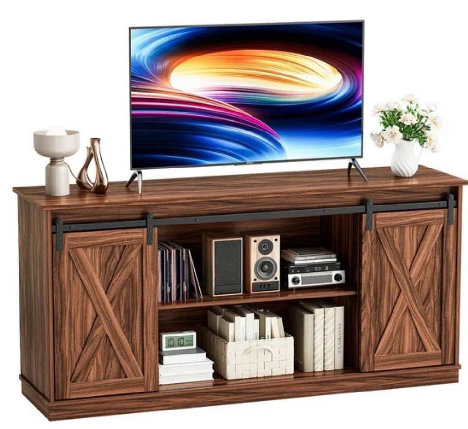 mcq tv stand for tvs up to 65", mid farmhouse style with storage, sliding cabinet doors, rust
