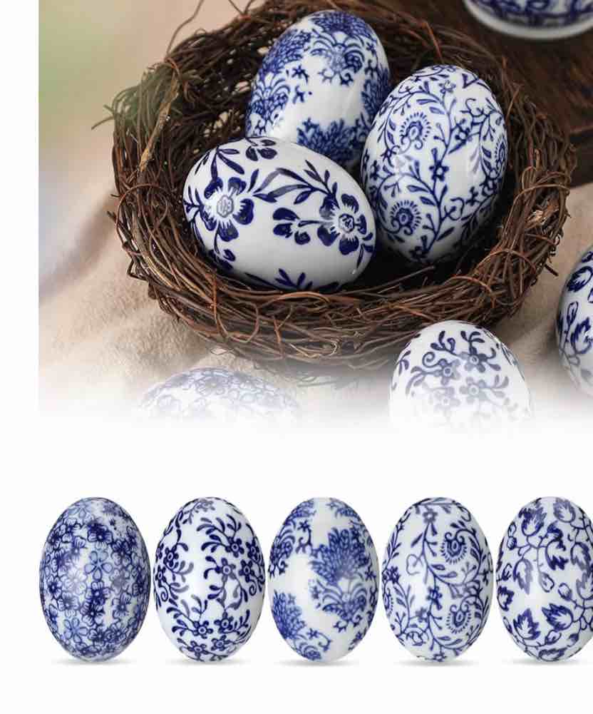 ceramic easter eggs decorations chinoiserie blue and white floral porcelain egg figurines ( set of 5)