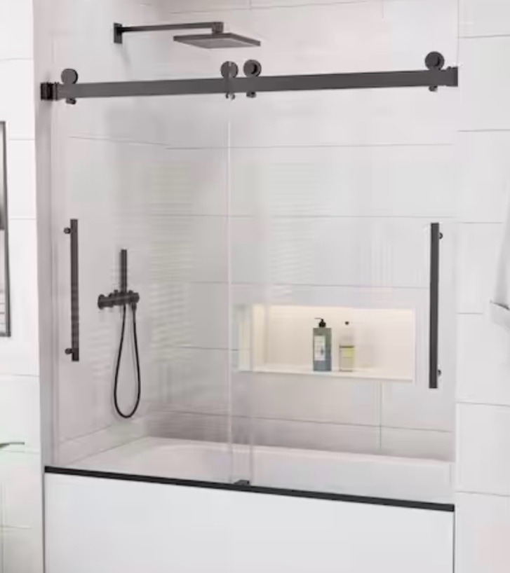 60 in. W x 60 in. H Sliding Frameless Tub Door in Matte Black with 1/4 in. Clear Tempered Glass