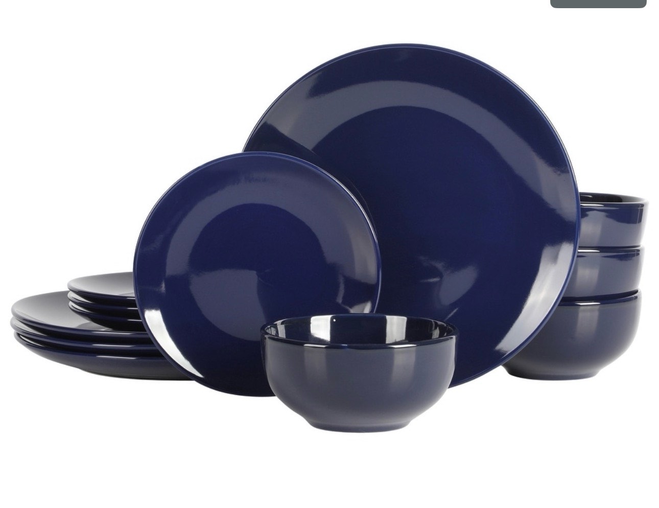 Condition photo showing New/Like New for 10 strawberry street 12 piece coupe stoneware dinnerware set with dinner bowl, service for 4, cobalt blue